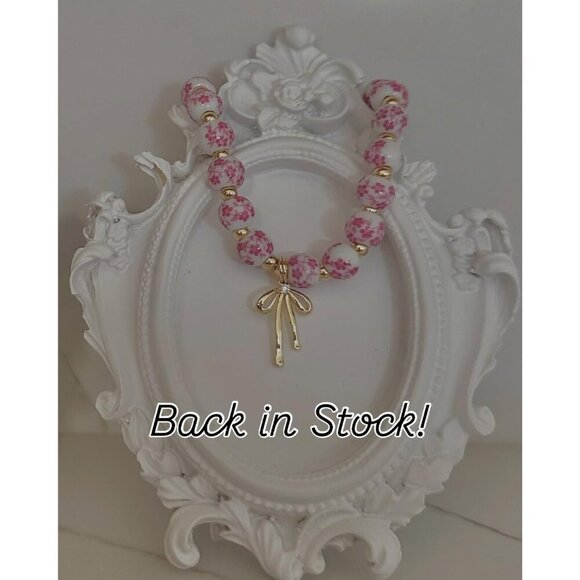 Pink Dainty Flower Handmade Stretch Dainty Bead Bow Charm Bracelet for Women - Picture 9 of 9